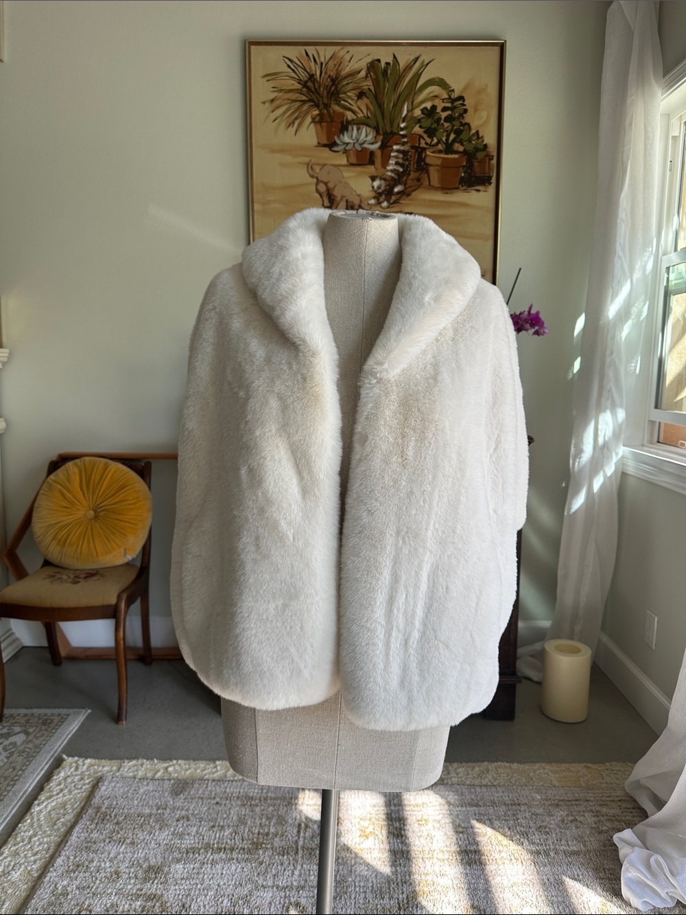 La Fiorentina Winter White Faux-Fur Cape Jacket OS